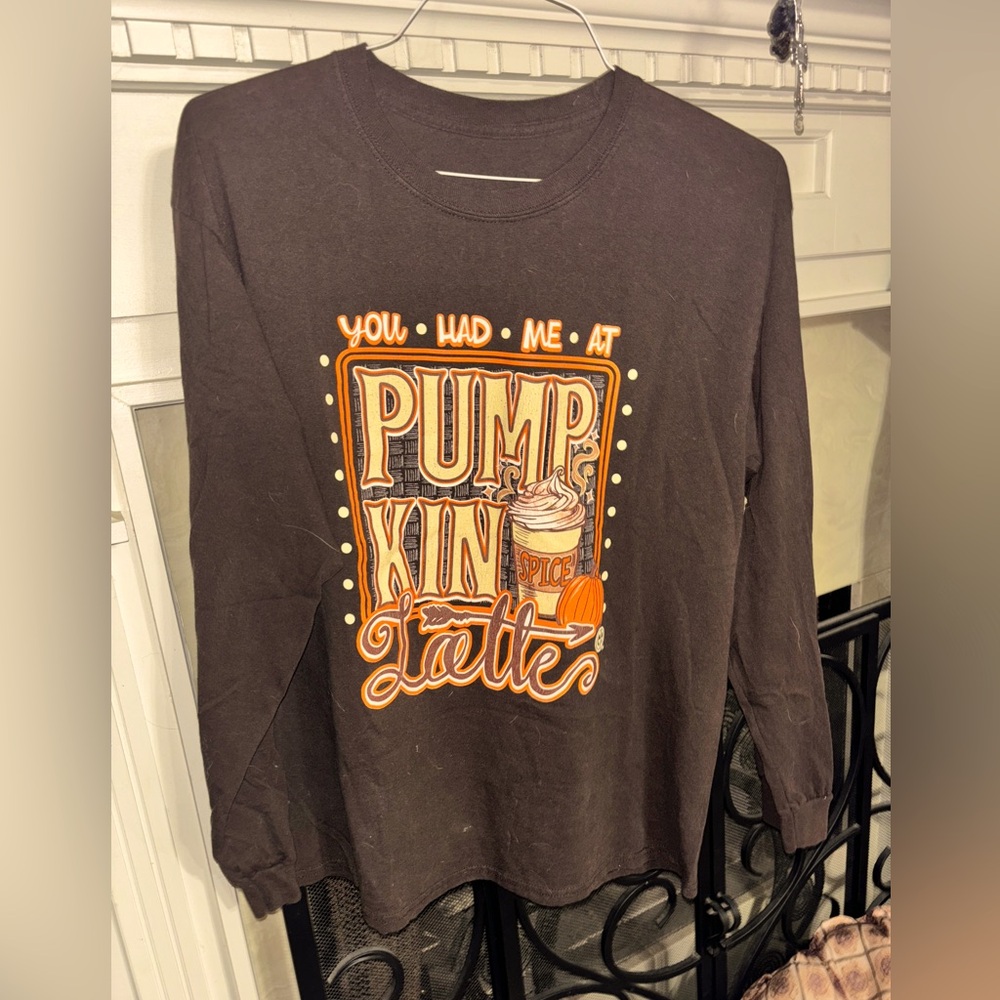 Ladies long sleeve Pumpkin Latte Shirt by Girlie Girl Originals. Size-L